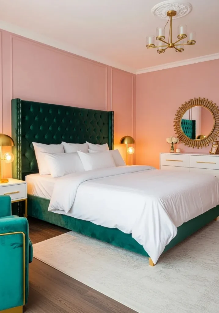 blush pink walls with green velvet bedroom decor idea