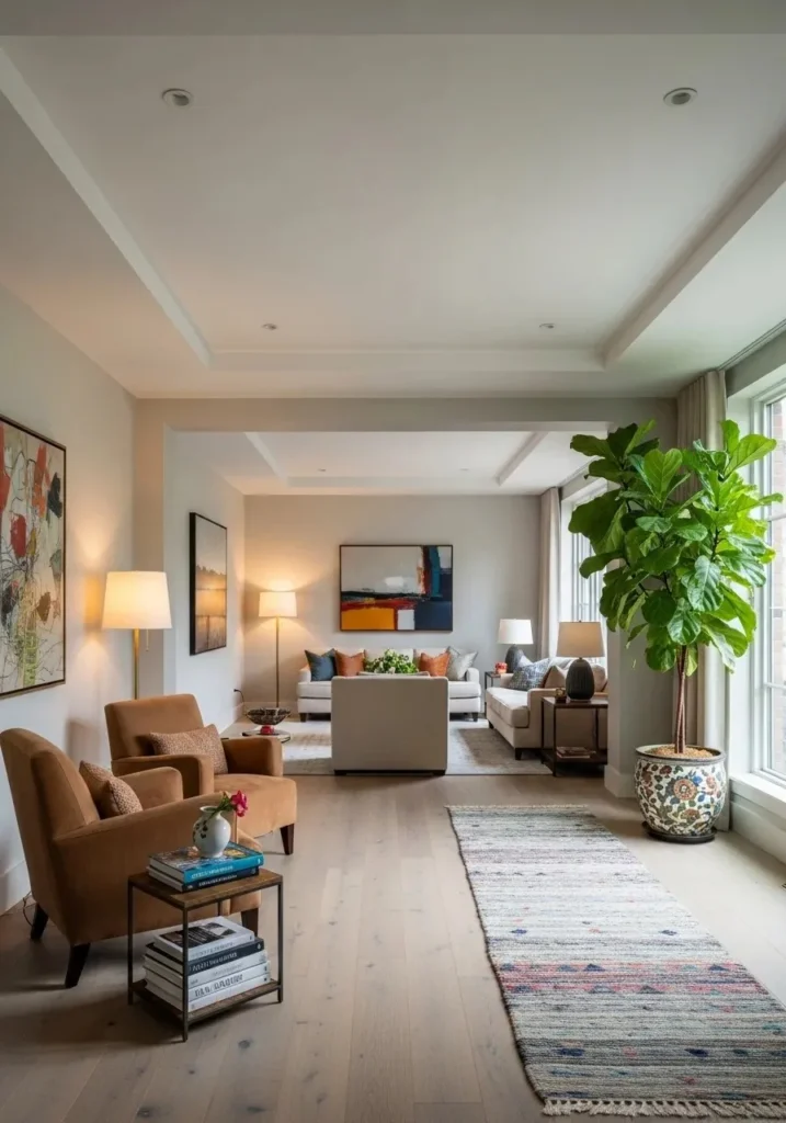 balanced long living room with styled ends