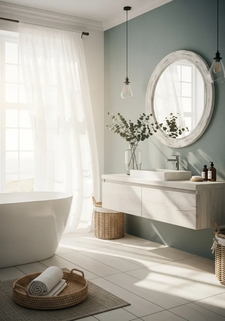 Light and airy curtains allowing natural light in a coastal bathroom