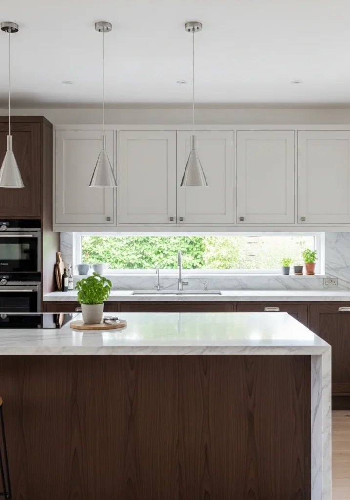 Dark walnut and light wood two-tone kitchen.