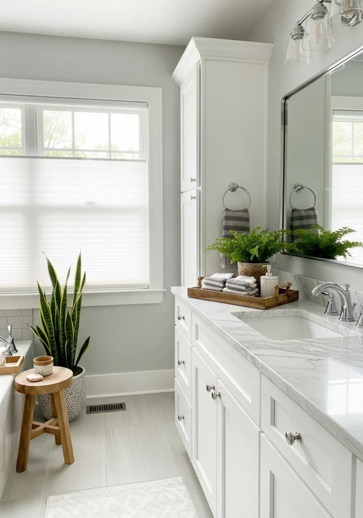 White bathroom cabinets with marble countertop and cozy wooden accents