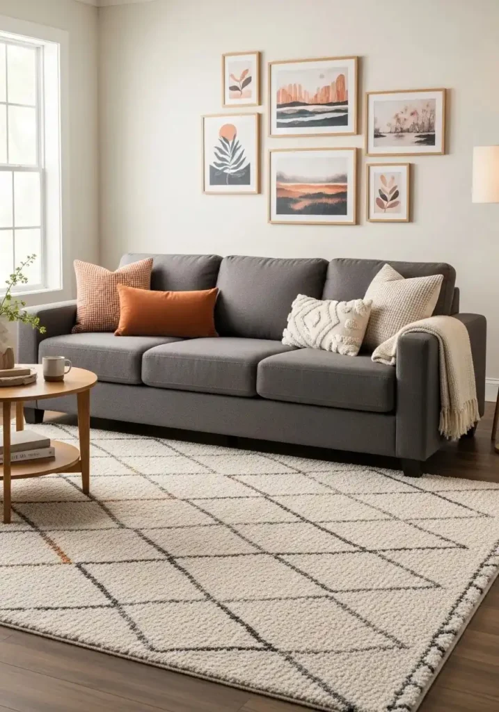 Charcoal couch living room with large area rug creating a soft and balanced space.