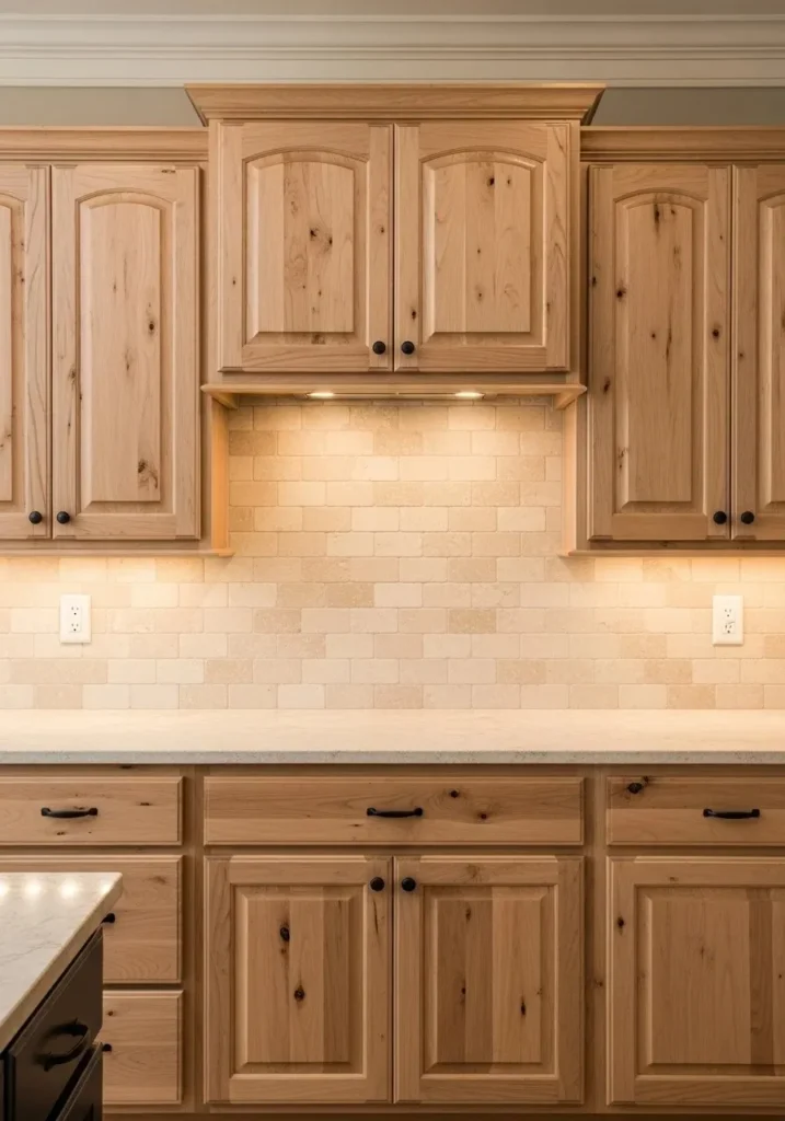Hickory cabinets with neutral backsplash.