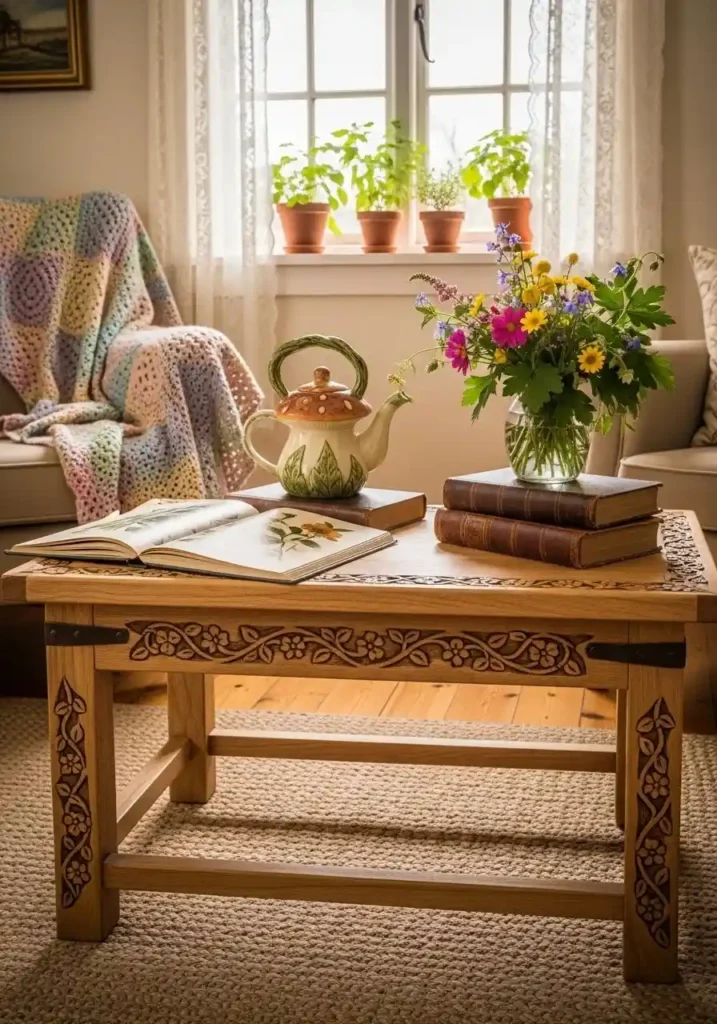 Cottagecore living room featuring a handmade wooden coffee table with décor