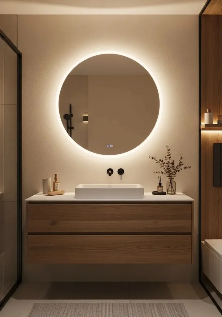 Round LED backlit mirror creating a soft glow in modern bathroom.