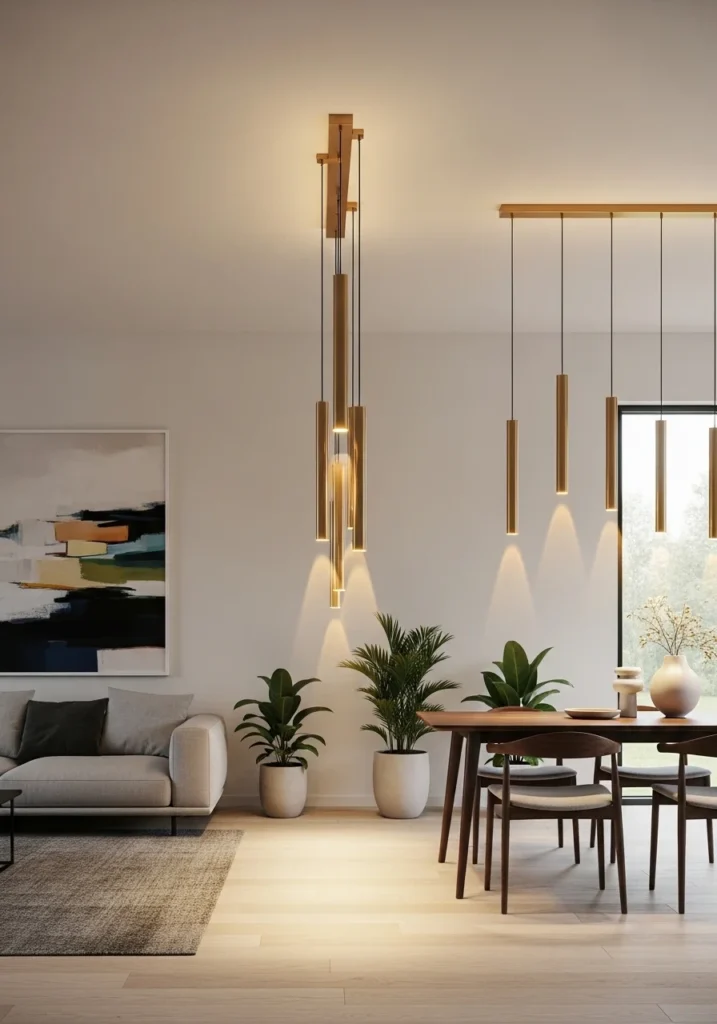pendant lights used as visual divider in living room