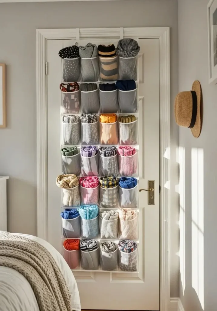 Over-the-door organizer keeping clothes and accessories organized in a small bedroom.