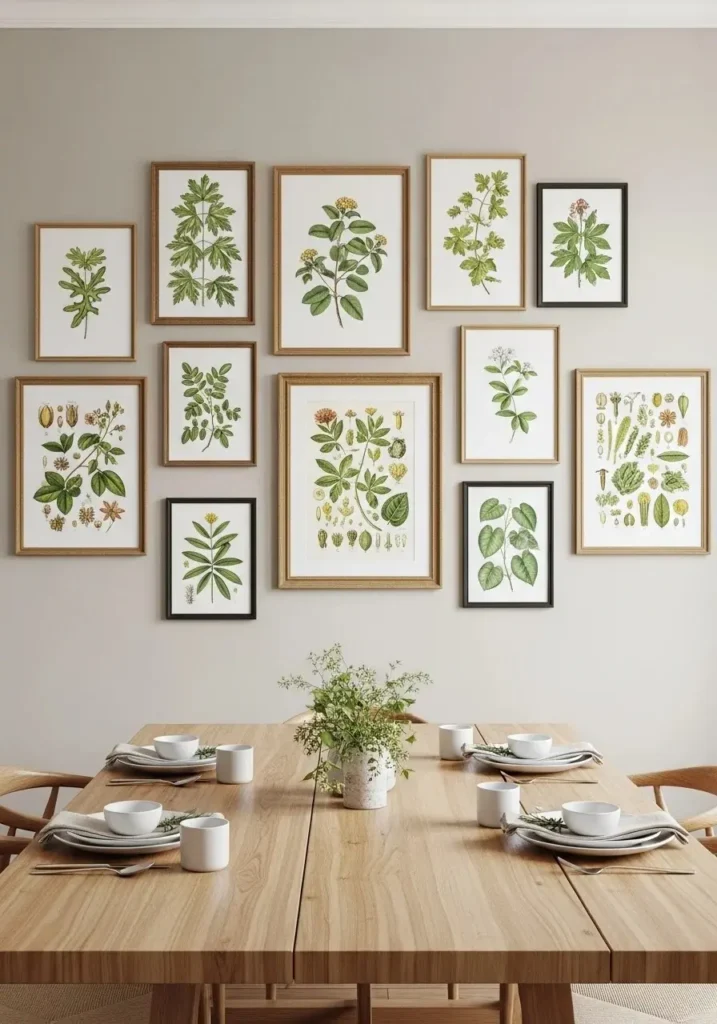 dining room with botanical gallery wall decor