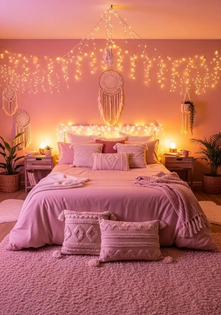 Pink tapestry statement wall in boho bedroom