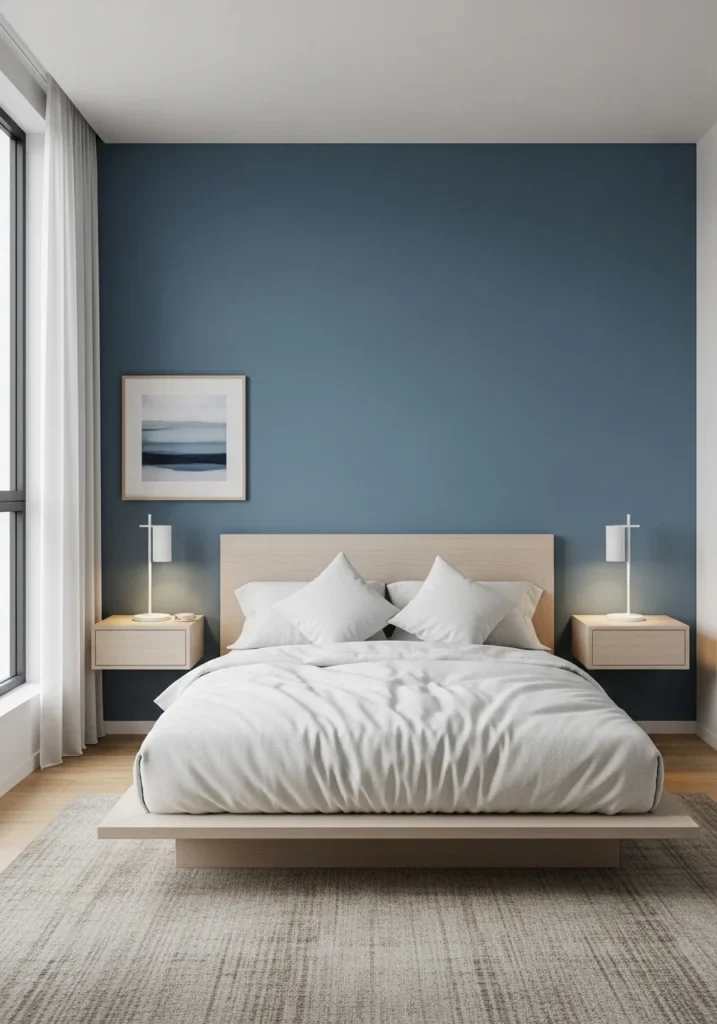 Blue accent wall behind bed creating a focal point with coordinated bedding and clean modern design