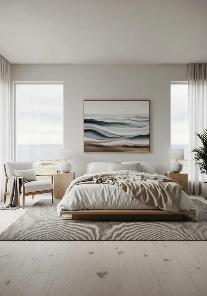 Minimal coastal bedroom with clutter-free styling and soft tones