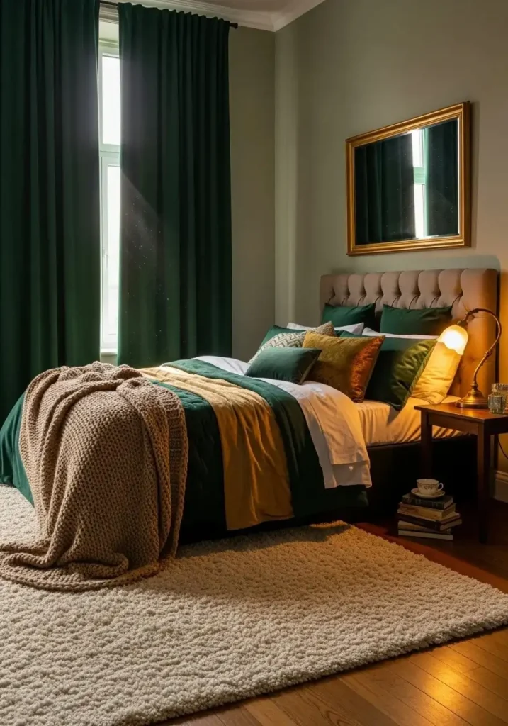 Emerald velvet curtains adding luxury and depth to a bedroom.