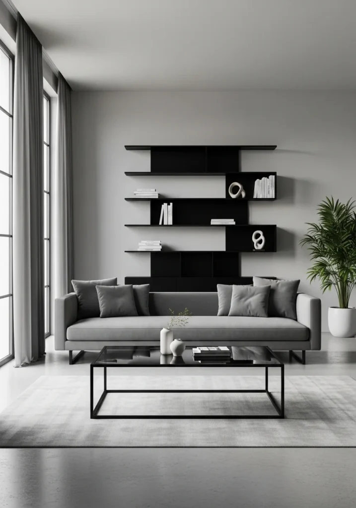 Black and glass furniture in a gray and black living room.