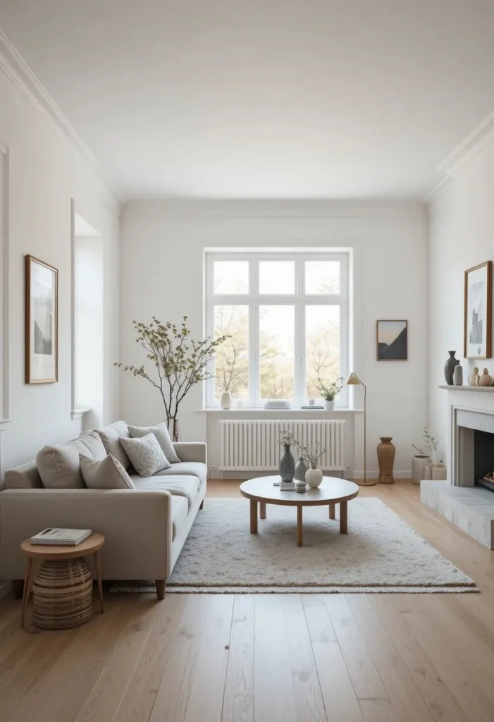 Scandinavian living room with warm white walls and light wood floors.