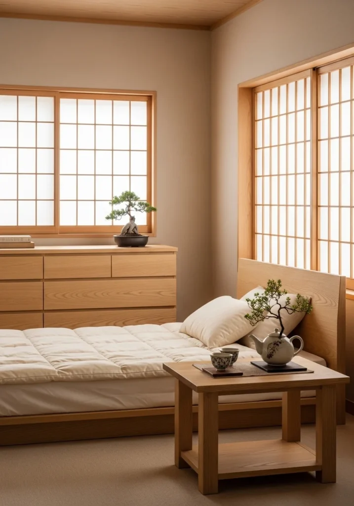 Natural wood furniture in a Japanese-inspired bedroom
