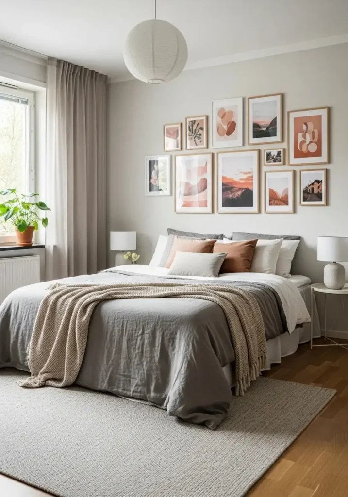 Color coordinated photo wall in a stylish and aesthetic college bedroom.