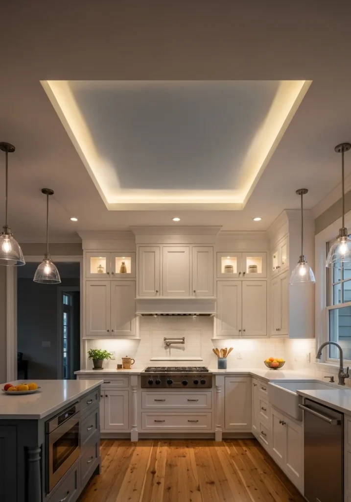 Tray ceiling in kitchen creating depth and sophistication above island.