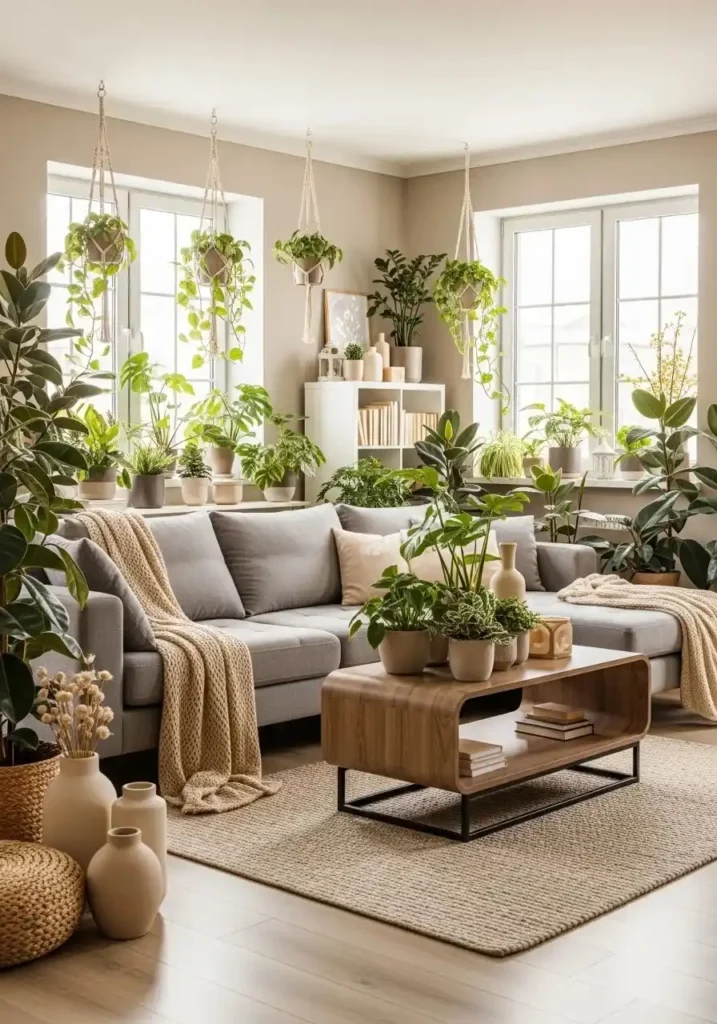 Indoor plants adding freshness to gray and beige living room