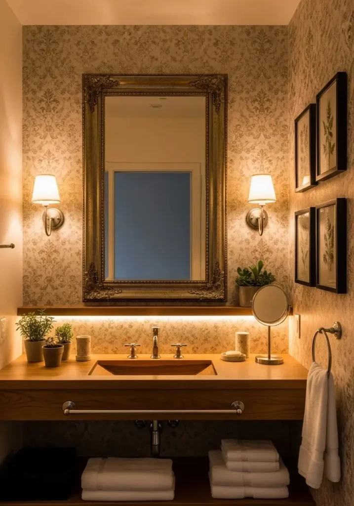 Bathroom mirror layered over textured wall for added depth.