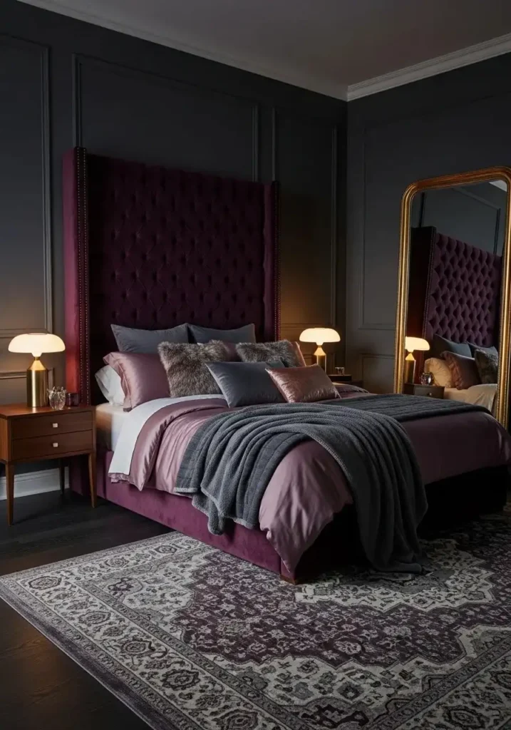 Tufted velvet statement headboard in bedroom