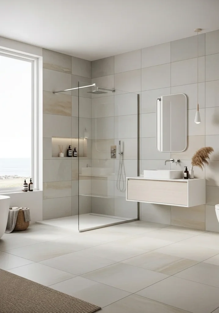 Frameless glass shower creating an open and modern coastal bathroom