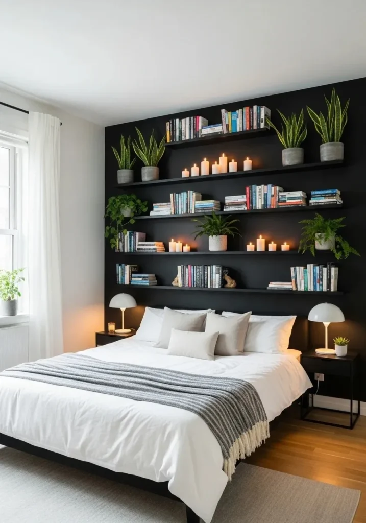 Bedroom with black wall shelving storage.