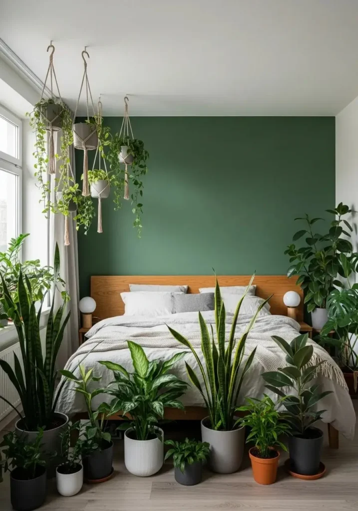 Green accent wall with indoor plants adding natural, calming vibe to bedroom space