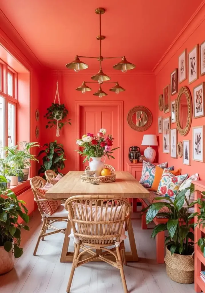 color drenched coral dining room
