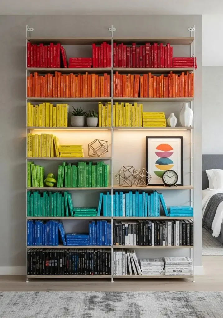 rainbow bookshelf decor idea