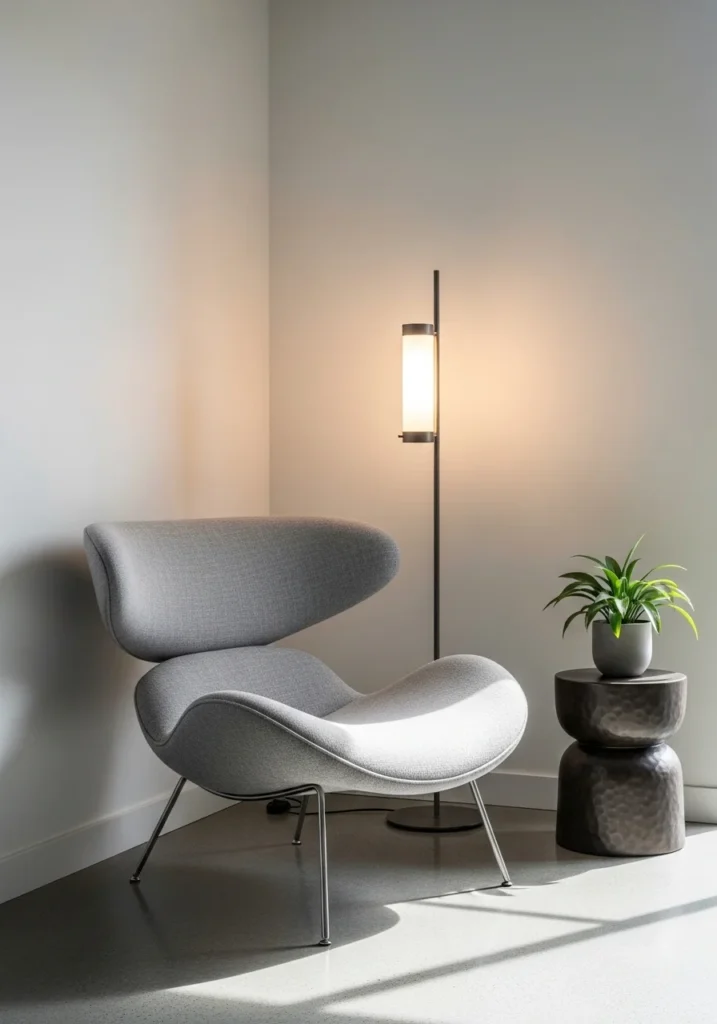 Sculptural accent chair in a contemporary living room corner.