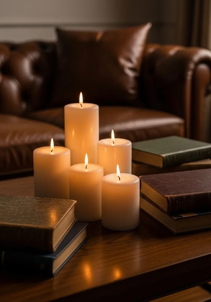 Candlelight on coffee table creating a warm dark academia living room ambiance.