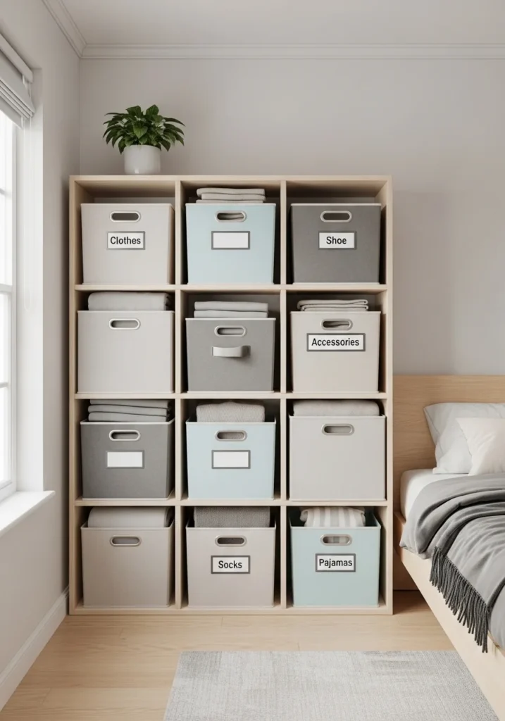 Modular cube storage system maximizing small bedroom storage for clothes