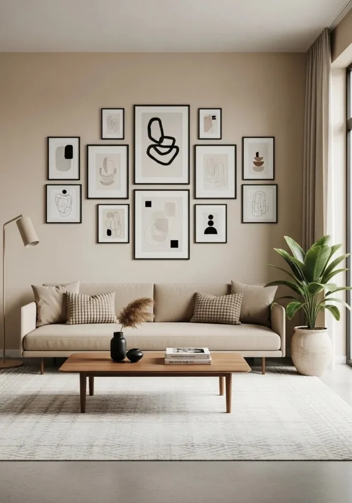 beige walls with black frames artwork living room idea
