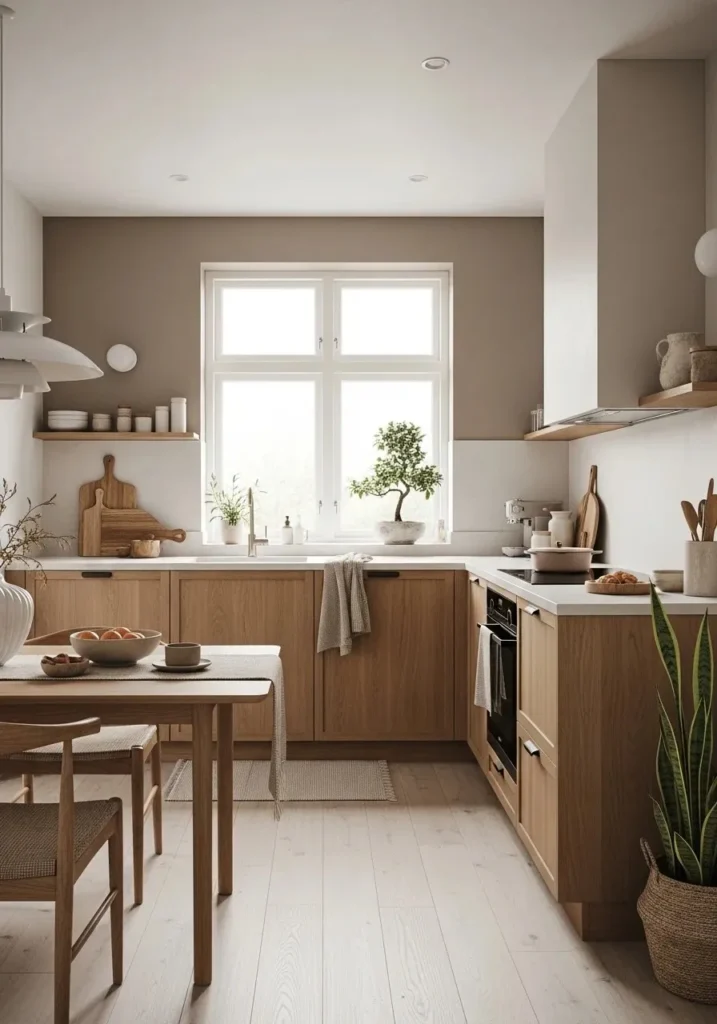 Neutral color Japandi kitchen with soft calming tones