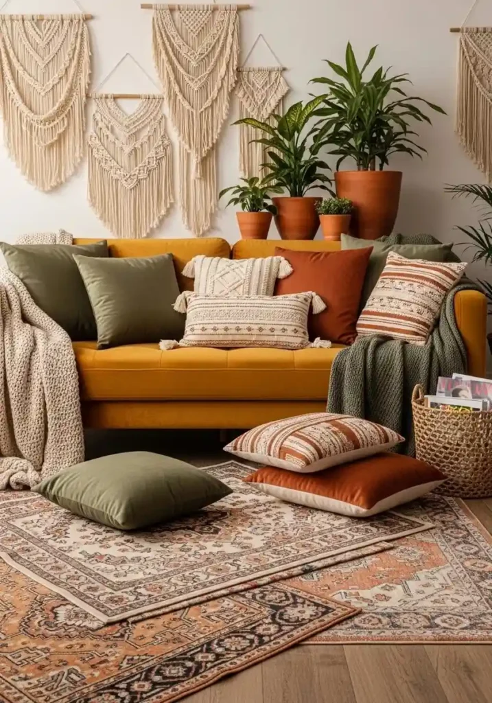 Boho yellow couch with warm layers.