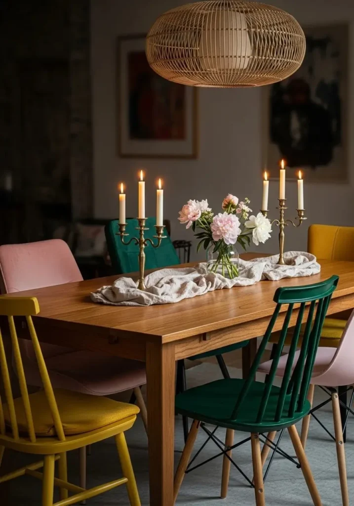 Dining table with colorful multi-toned chairs adding playful energy to the room.