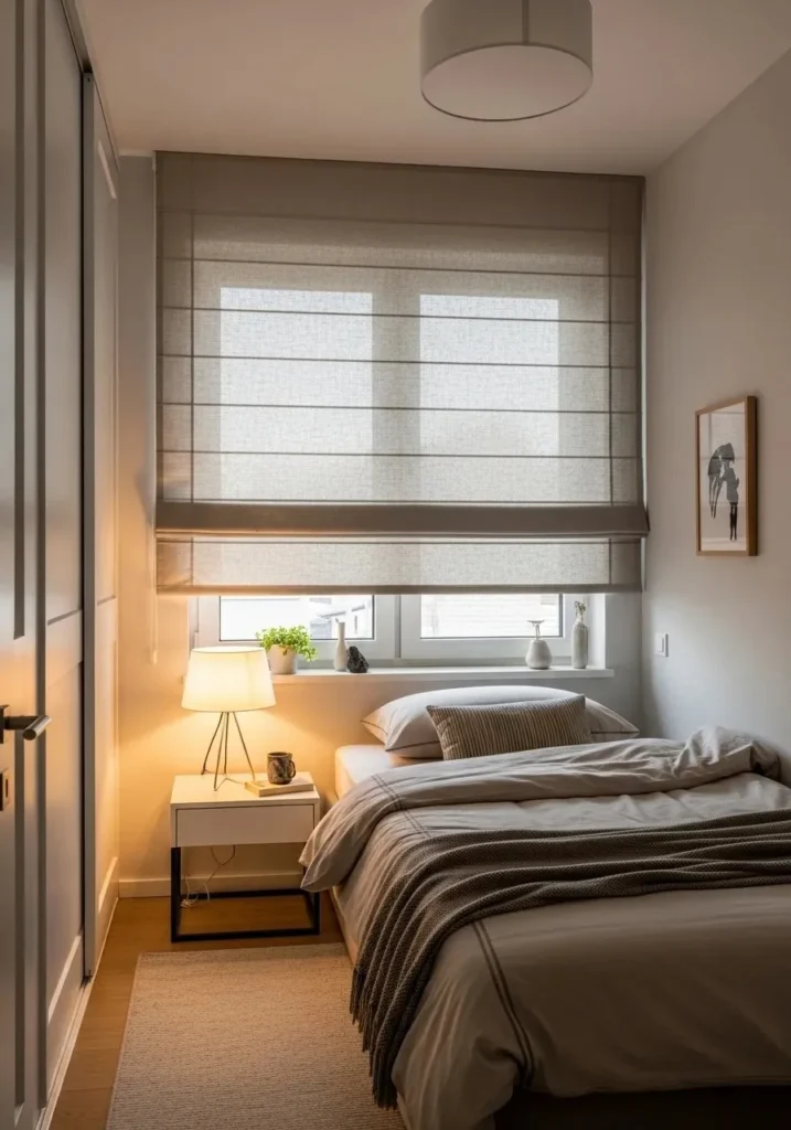 Linen Roman shades neatly folded in a modern bedroom.