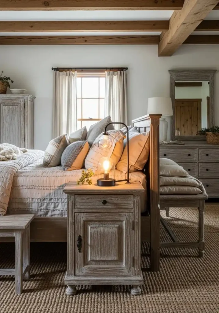 rustic bedroom with vintage nightstand