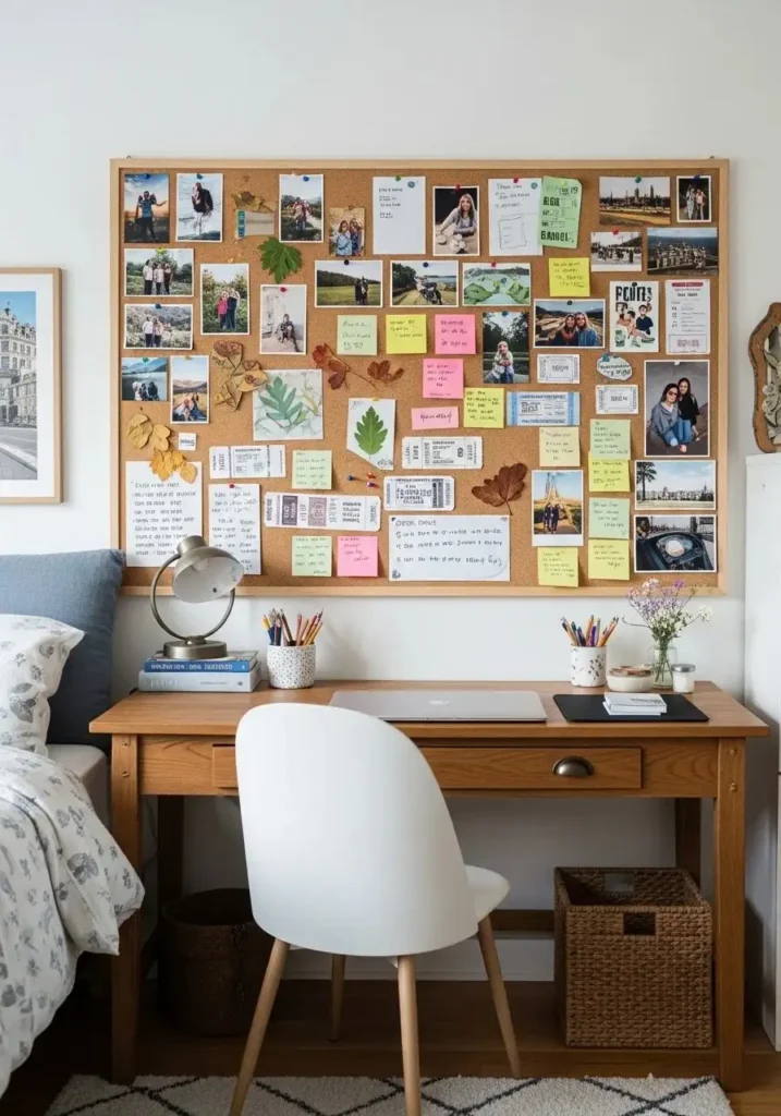 Corkboard photo wall with pictures and notes in a college bedroom.