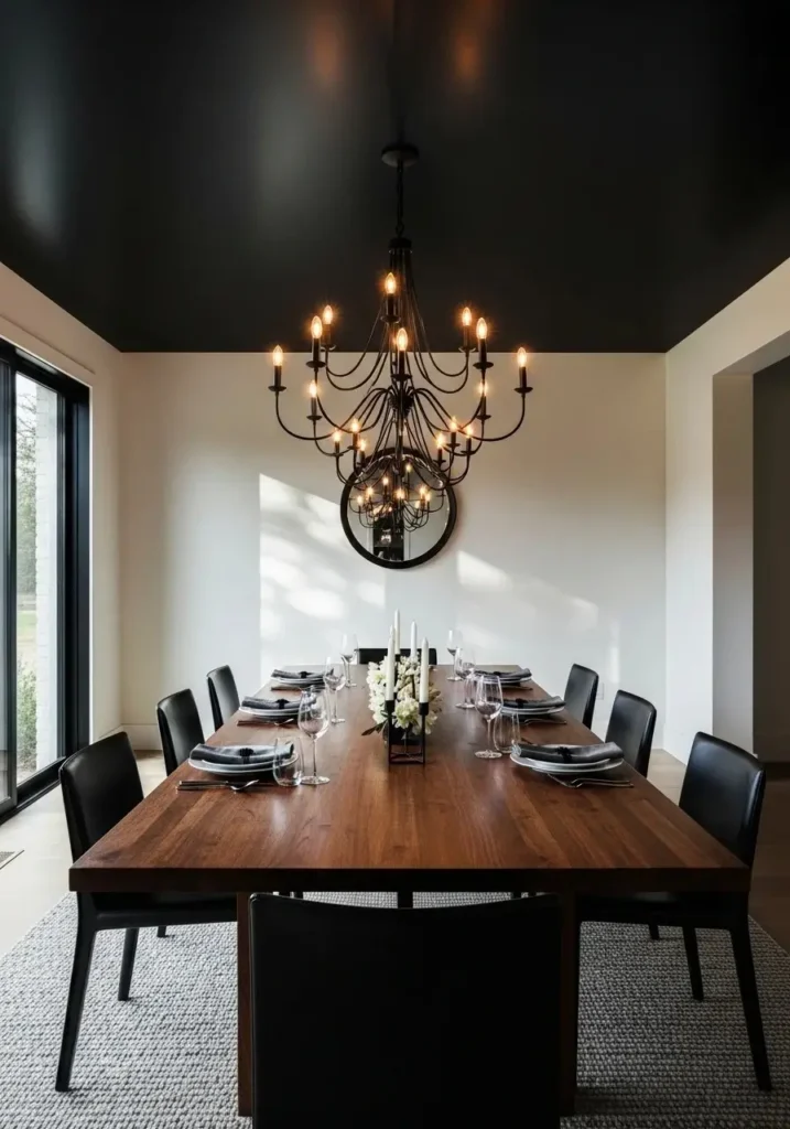 moody dining room black ceiling