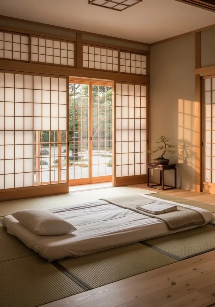 Sliding wooden doors in a minimalist Japanese bedroom