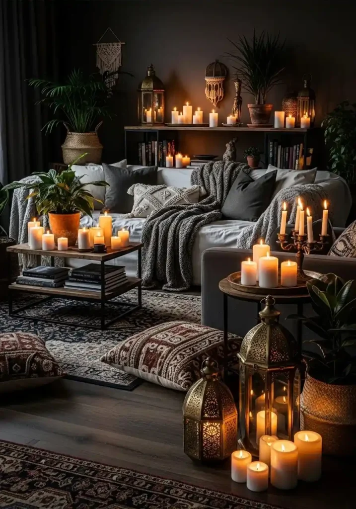 candles and lanterns in boho living room