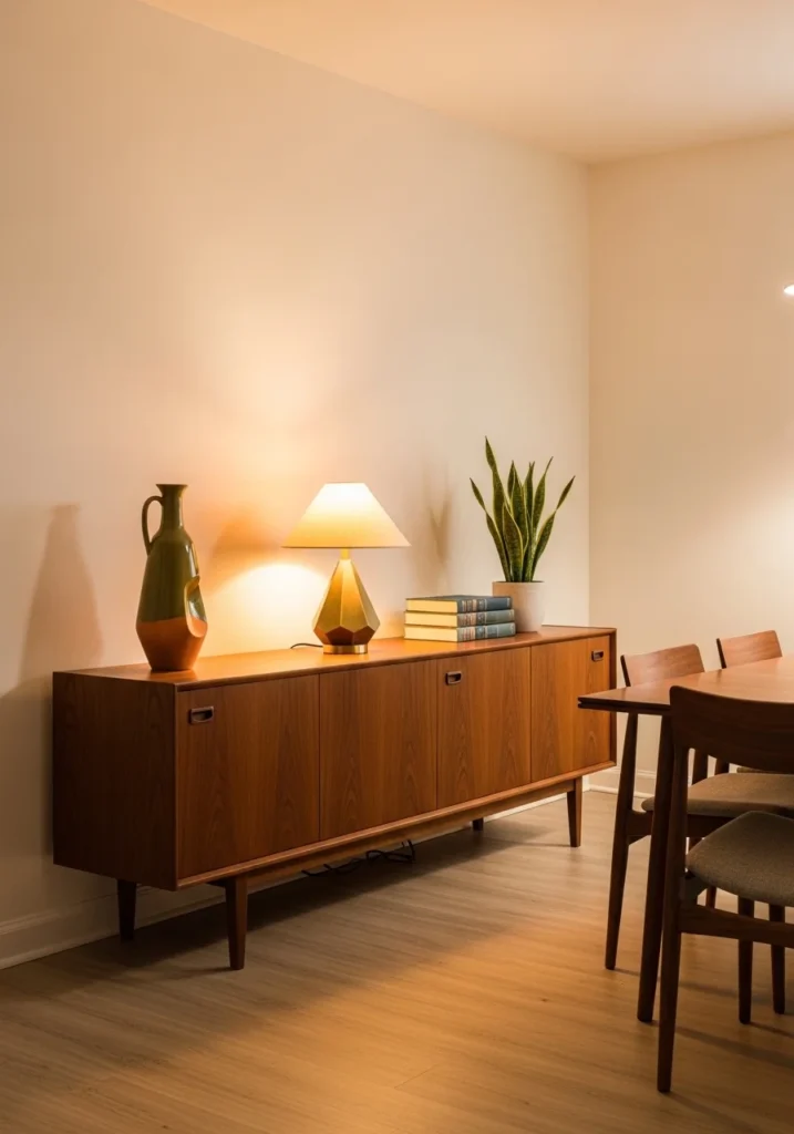 Mid century modern sideboard styled with decor in dining room