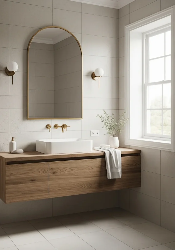 Arched mirror with brass frame above wooden bathroom vanity.