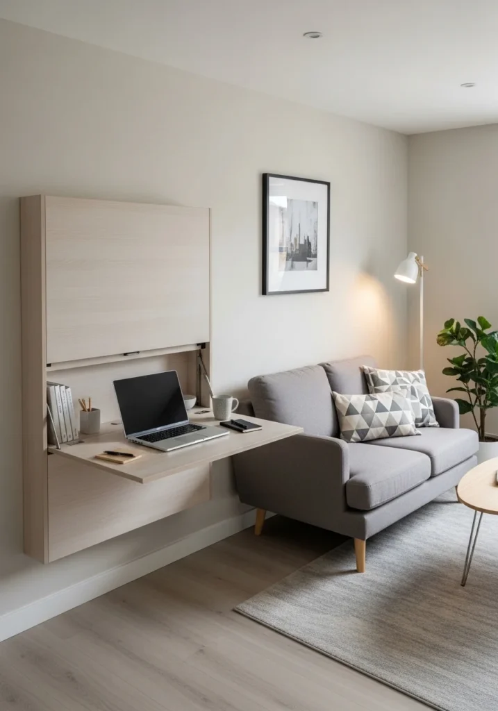 Fold-out wall-mounted desk in a compact living room.