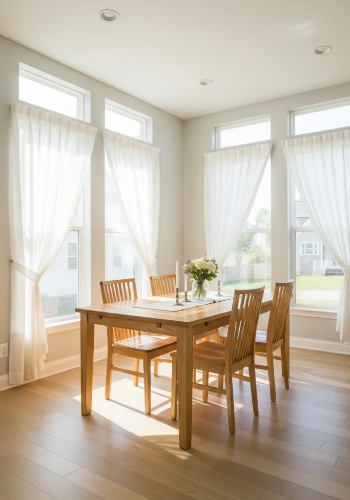 Modern dining room with natural light and sheer curtains