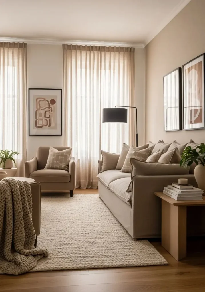 layered beige textures with black accents cozy living room design