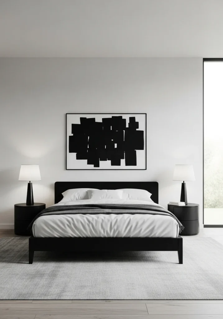 Minimalist black and white bedroom design.
