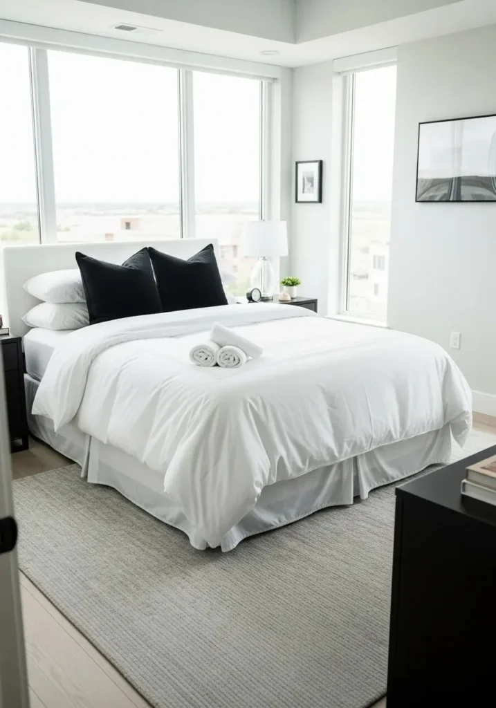 White bed with black accent pillows in bedroom.