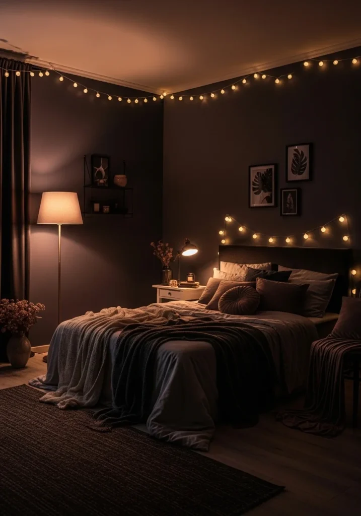 Layered ambient lighting in dark feminine bedroom